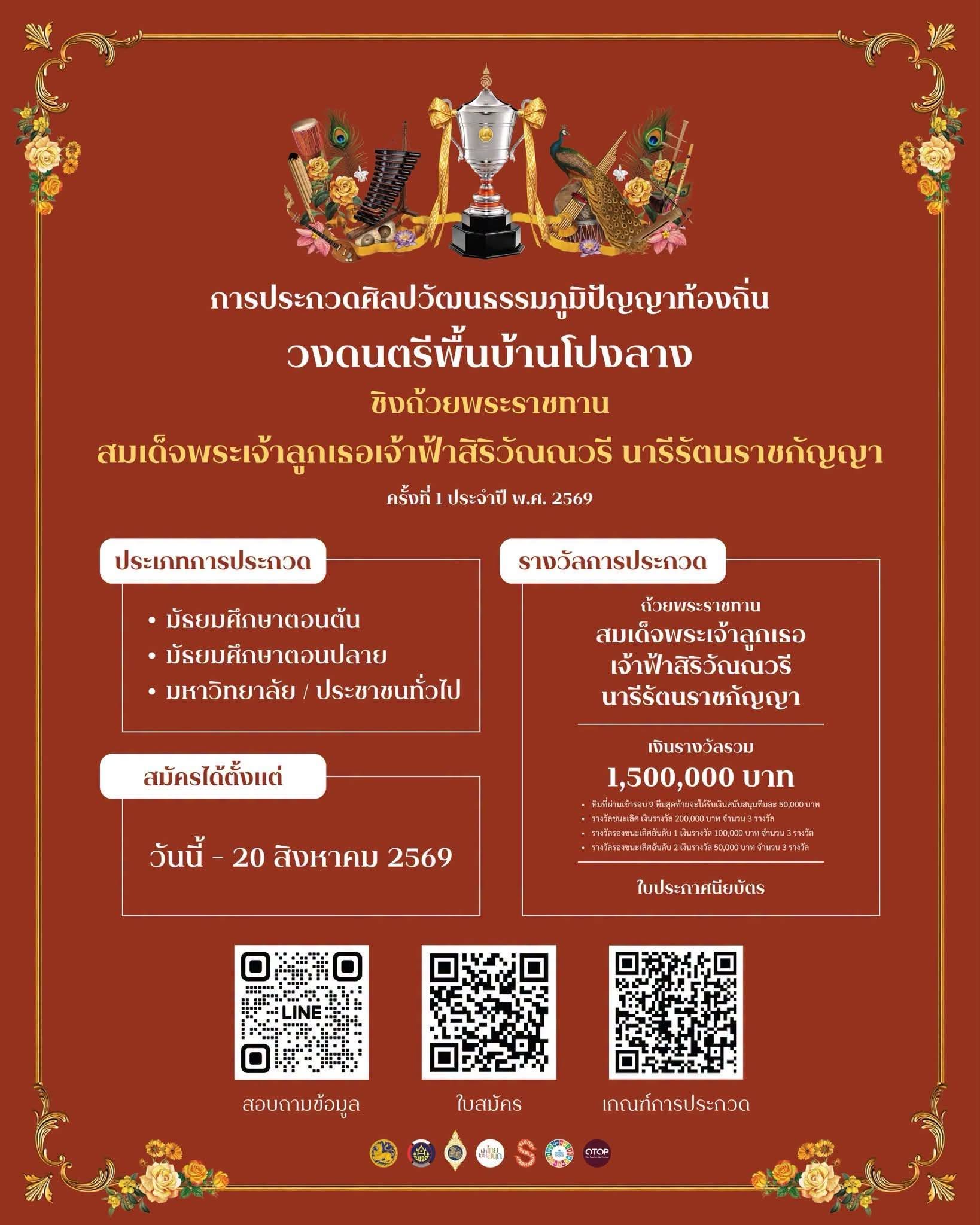 พช.เมืองกำแพงเพชร เชิญชวนเยาวชน ประชาชนทั่วไป ร่วมประกวด “วงดนตรีพื้นบ้านโปงลาง” ชิงถ้วยพระราชทาน สมเด็จพระเจ้าลูกเธอ เจ้าฟ้าสิริวัณณวรี นารีรัตนราชกัญญา ครั้งที่ 1 ประจำปี 2569