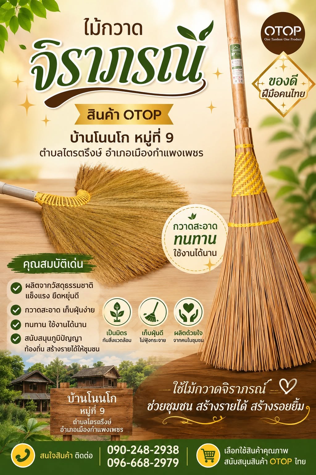พช.เมืองกำแพงเพชร ชวนอุดหนุน "ไม้กวาดจิราภรณ์" OTOP ขึ้นชื่อ บ้านโนนโก ต.ไตรตรึงษ์ ผลิตจากวัสดุธรรมชาติ ทนทาน สร้างรายได้ให้ชุมชน